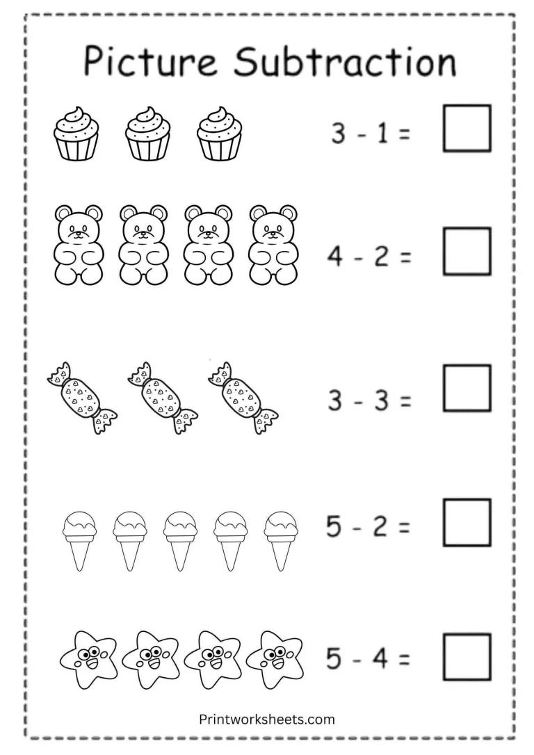 Picture subtraction for kindergarten worksheet featuring cupcakes, teddy bears, candies, ice cream cones, and stars