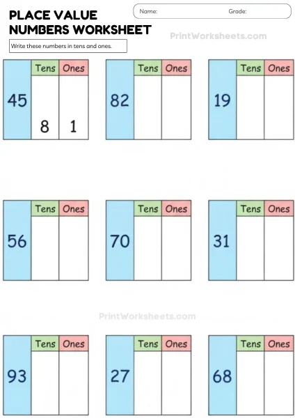 1st & 2nd Grade Place Value Worksheets (2-Digit Expanded Form)