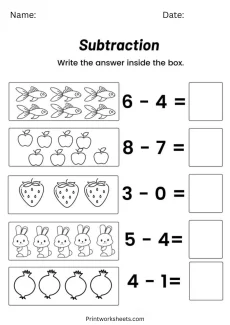 Subtraction Worksheets Worksheet - Kindergarten Subtraction Worksheets with Pictures (Simple Problems) | Free Printable