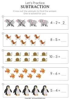 Subtraction Worksheets Worksheet - Animal Subtraction Worksheet Kindergarten – Cross Out Animals & Solve (Free Printable) | Free Printable