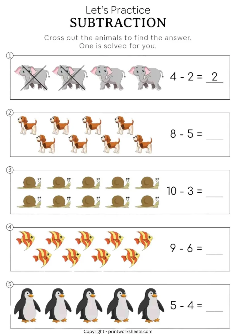 Subtraction for kindergarten worksheet featuring elephants, dogs, snails, fish, and penguins for visual math practice