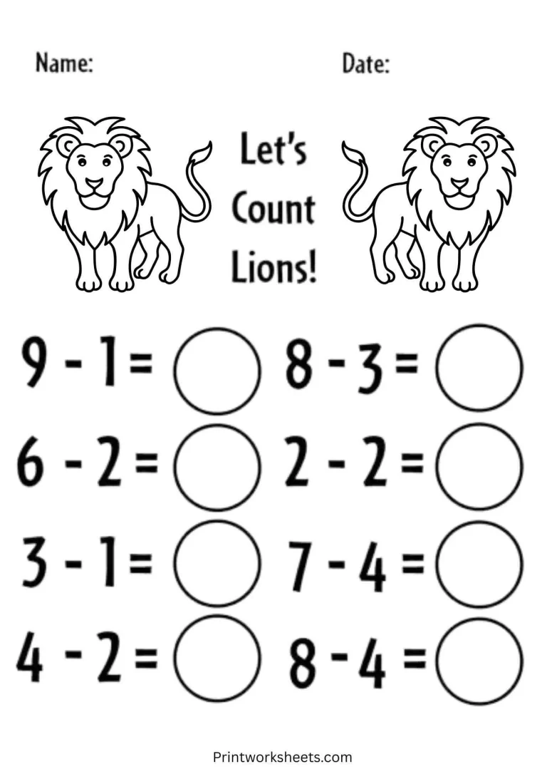 Lion-themed kindergarten subtraction worksheets with counting pictures
