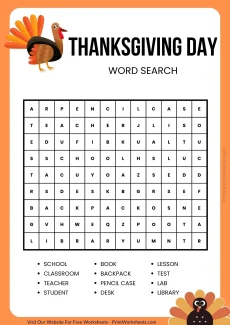 Thanksgiving Worksheets Worksheet - Thanksgiving Word Search Printable Free PDF – School & Classroom Theme (For Kids) | Free Printable
