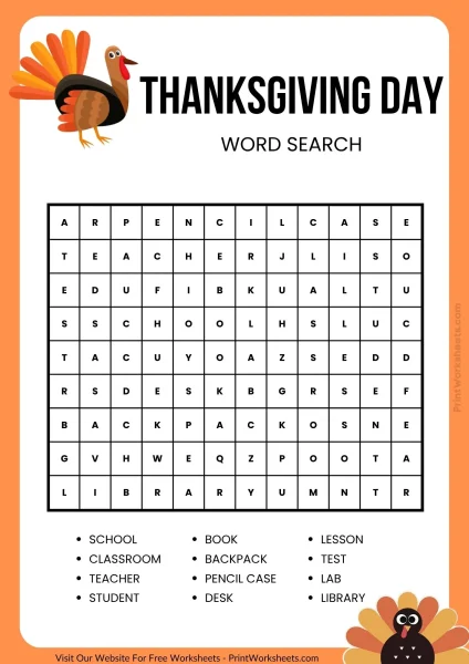 Thanksgiving Word Search Printable Free PDF – School & Classroom Theme (For Kids)