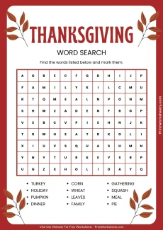 Thanksgiving Worksheets Worksheet - Thanksgiving Word Search Printable Free – Simple 10×10 Grid for Kids | Free Printable