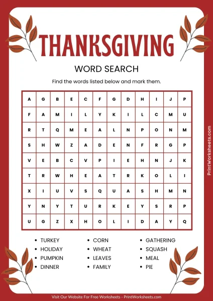 Thanksgiving Word Search Printable Free – Simple 10×10 Grid for Kids