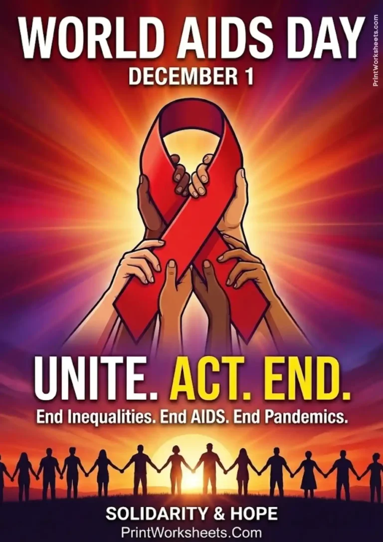 Image 1 (A completed, colored poster): World AIDS Day 2025 theme educational poster featuring the slogans Unite. Act. End. and a red ribbon symbol.