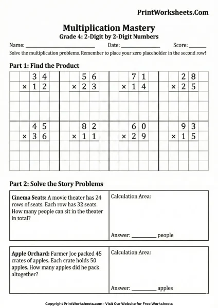 4th Grade 2-Digit Multiplication Worksheets (Free Printable)