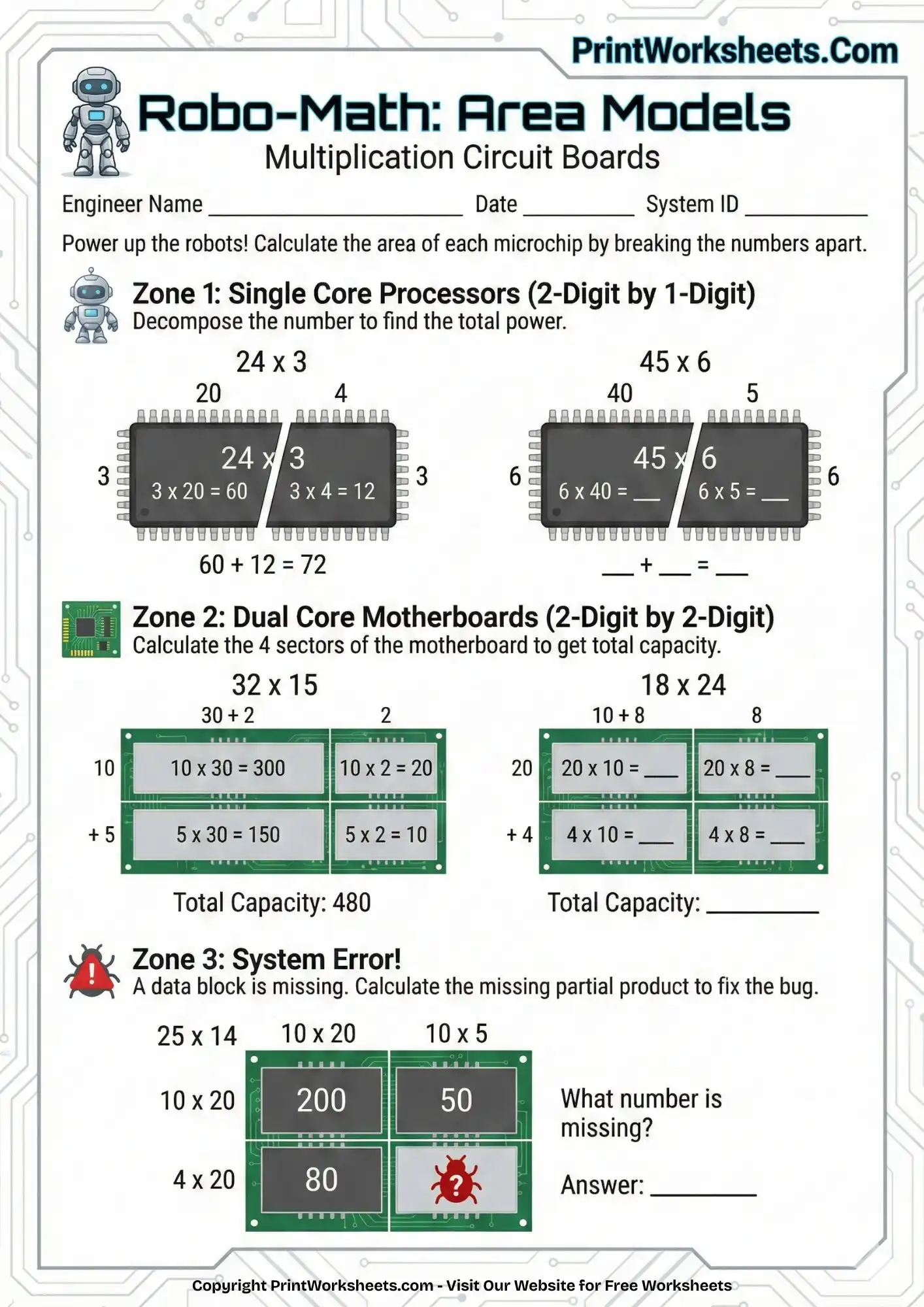 Multiplication Worksheets Worksheet - 4th Grade Area Model Multiplication Worksheets (Robotics Theme) | Free Printable