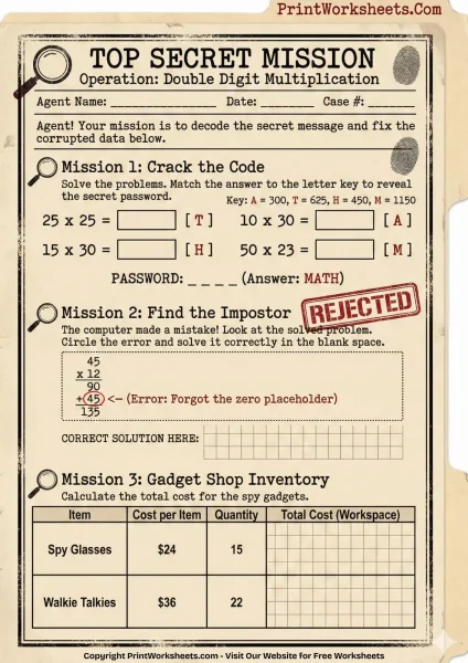4th Grade Double Digit Multiplication Worksheets (Free Spy Mission Math)