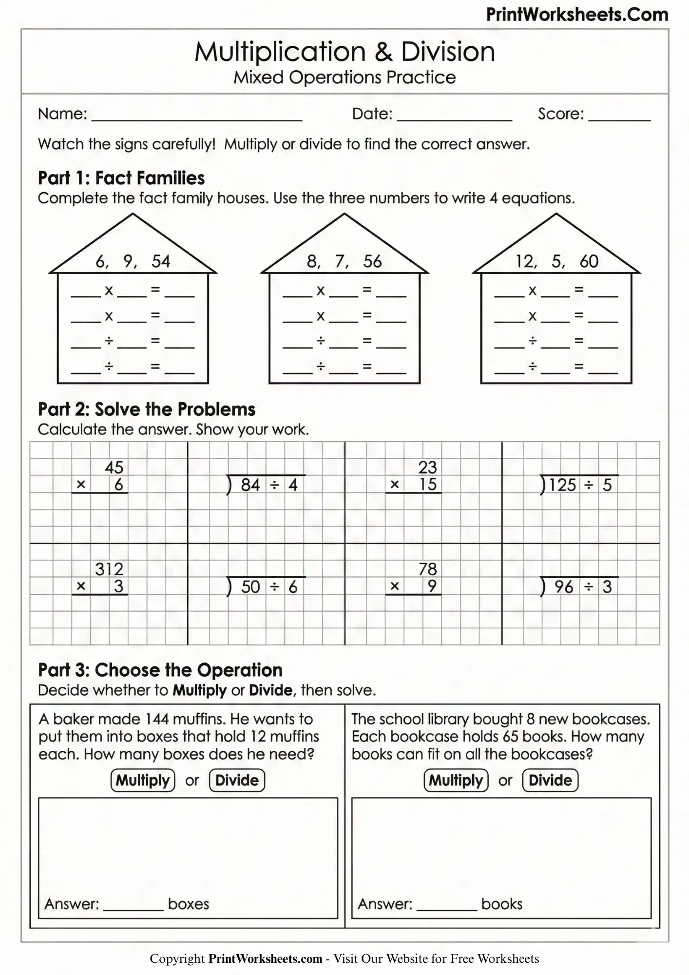 Multiplication Worksheets Worksheet - 4th Grade Mixed Multiplication and Division Worksheets (Operations Practice) | Free Printable