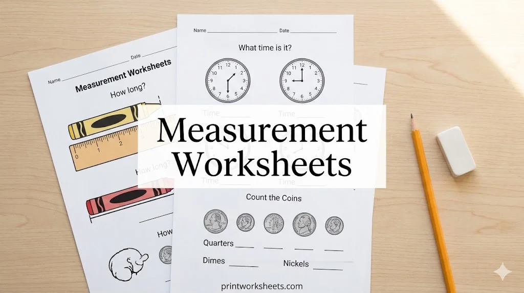 Measurement Worksheets - Time, Money & Length (PDF for K-5)