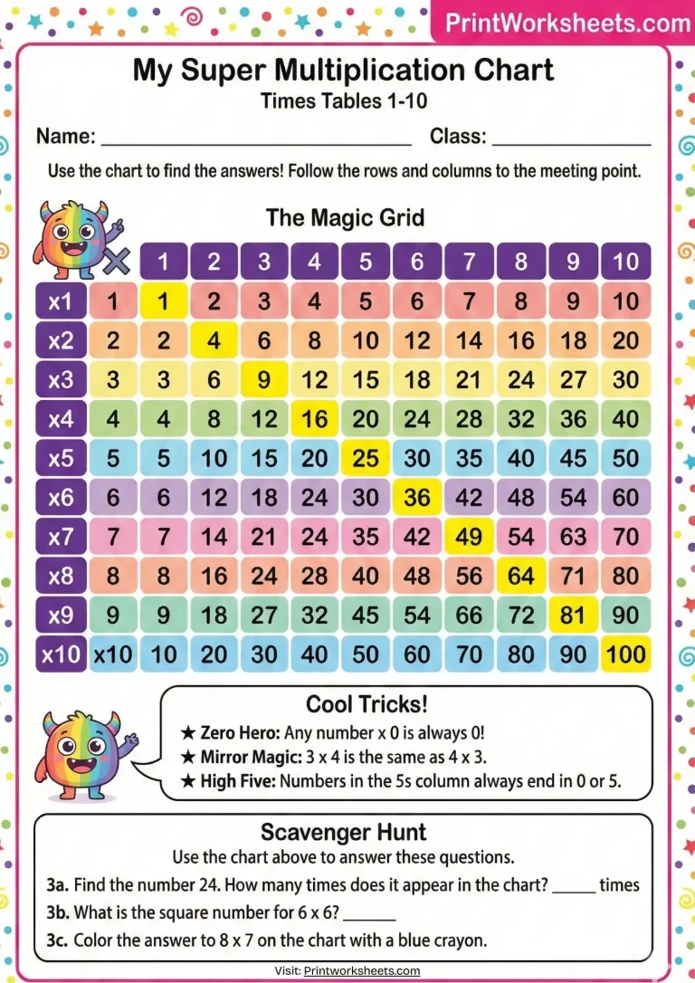 Printable multiplication chart times table 1-10 for grade 3 students