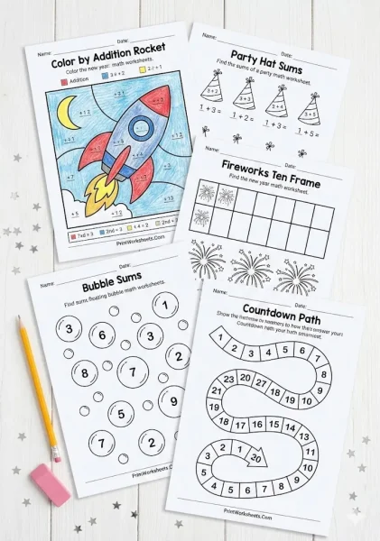 New Year Math Worksheets: Party Addition to 10 (Free PDF)