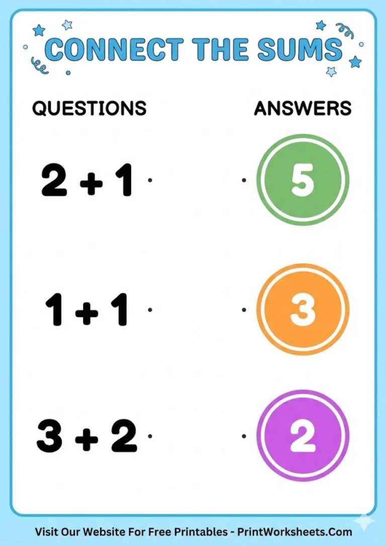 Addition match up activity showing math problems on left and answers on right