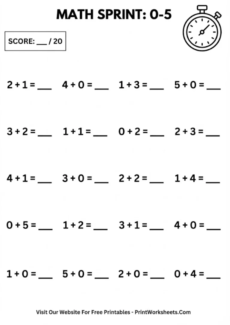 Addition speed drill worksheet with stopwatch icon and multiple math problems