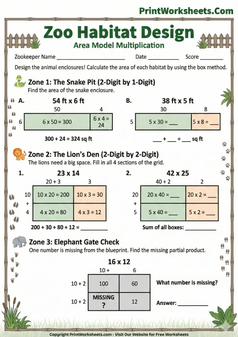 area model multiplication 4th grade worksheets