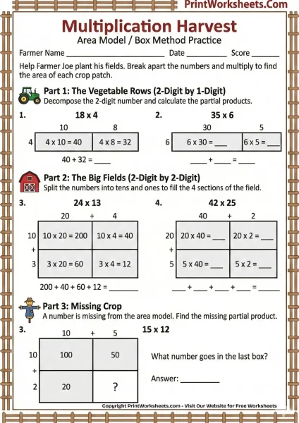 4th Grade Area Model Multiplication Worksheets (Farm Theme Box Method)
