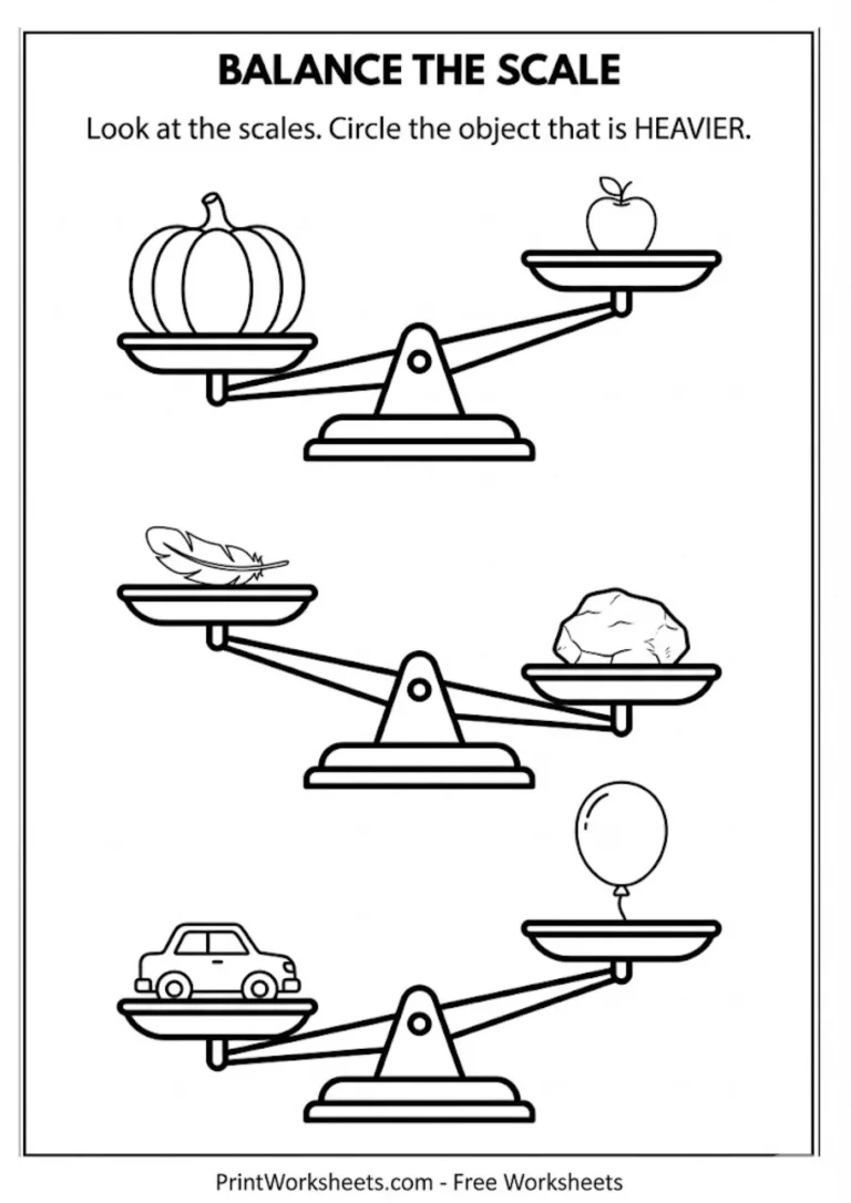 Balance scale worksheet showing heavy and light objects