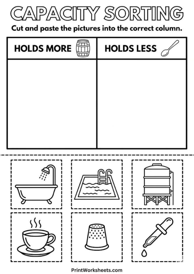 Capacity sorting worksheet cut and paste activity for preschool