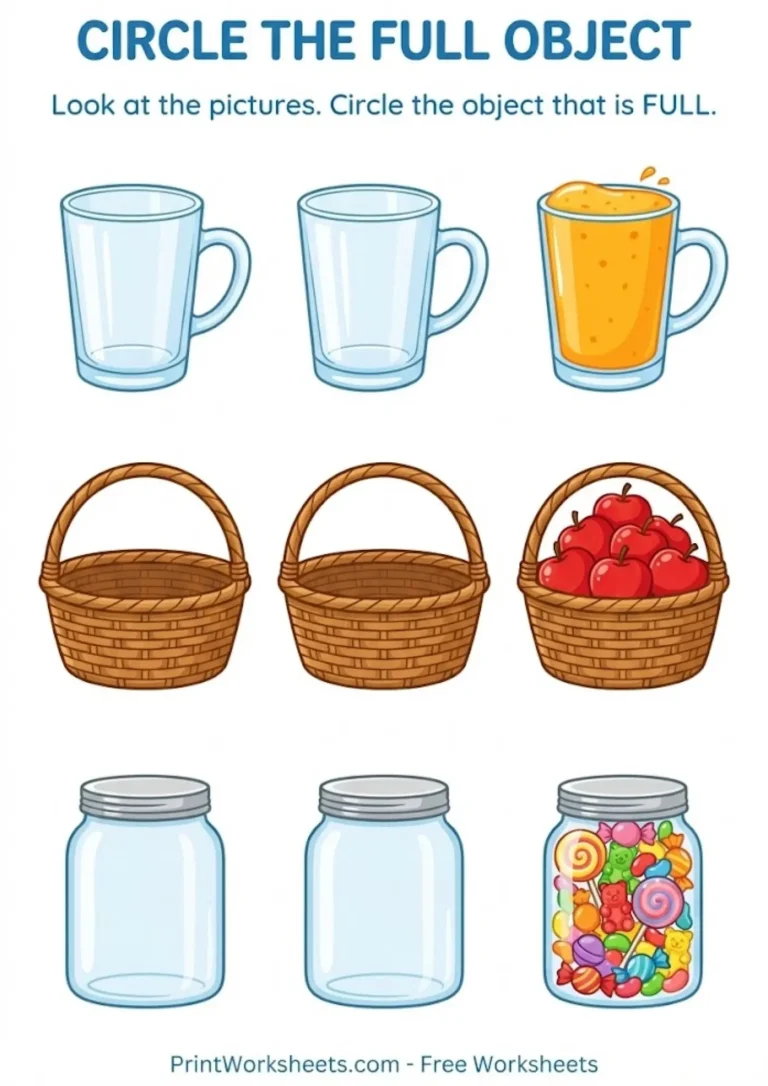 Worksheet to circle the full object like a glass of juice