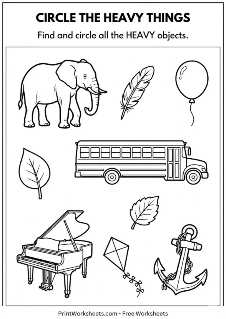 Worksheet to find and circle heavy objects in a group
