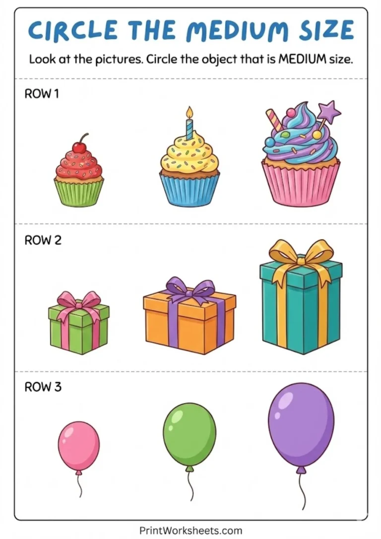 Circle the medium object worksheet practicing small medium large sizes for preschoolers