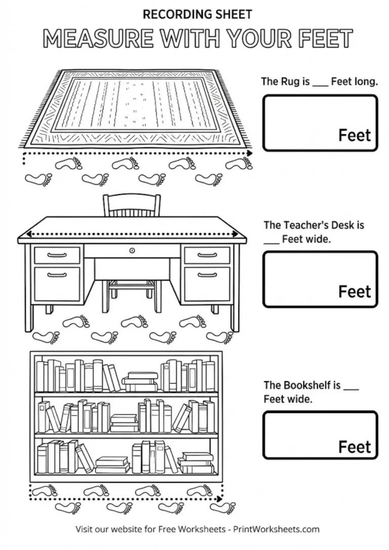 Classroom objects measurement worksheet recording sheet for footsteps