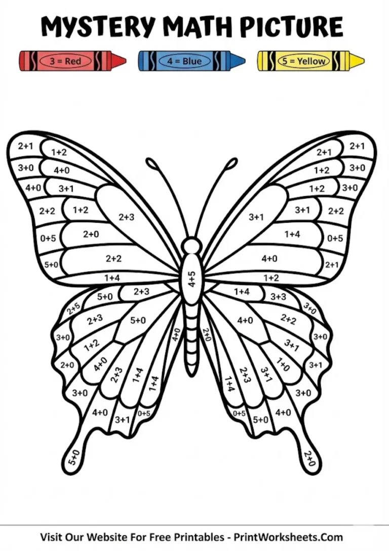 Color by addition activity showing a butterfly with math problems inside