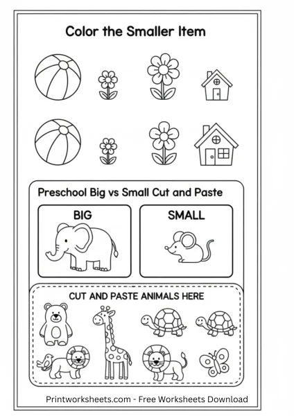 Color the Smaller Item Preschool Worksheet