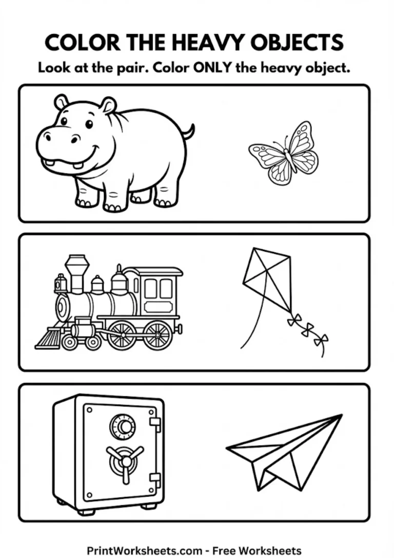 Coloring worksheet identifying heavy objects for kindergarten