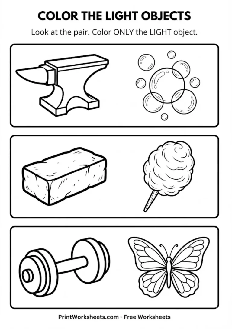 Coloring worksheet identifying light objects like bubbles and butterflies
