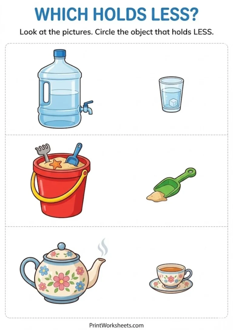 Worksheet comparing capacity to find which object holds less