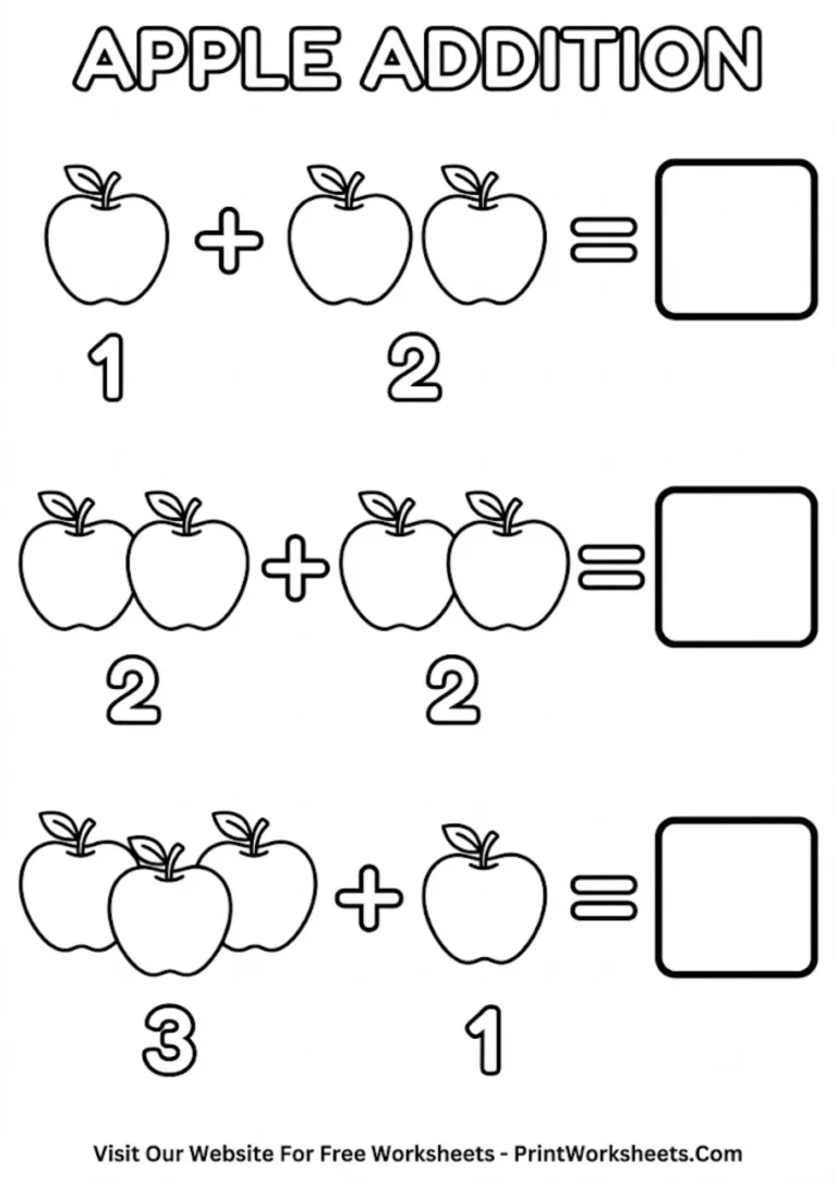 Count and add worksheets showing apples and mixed fruits for kindergarten math