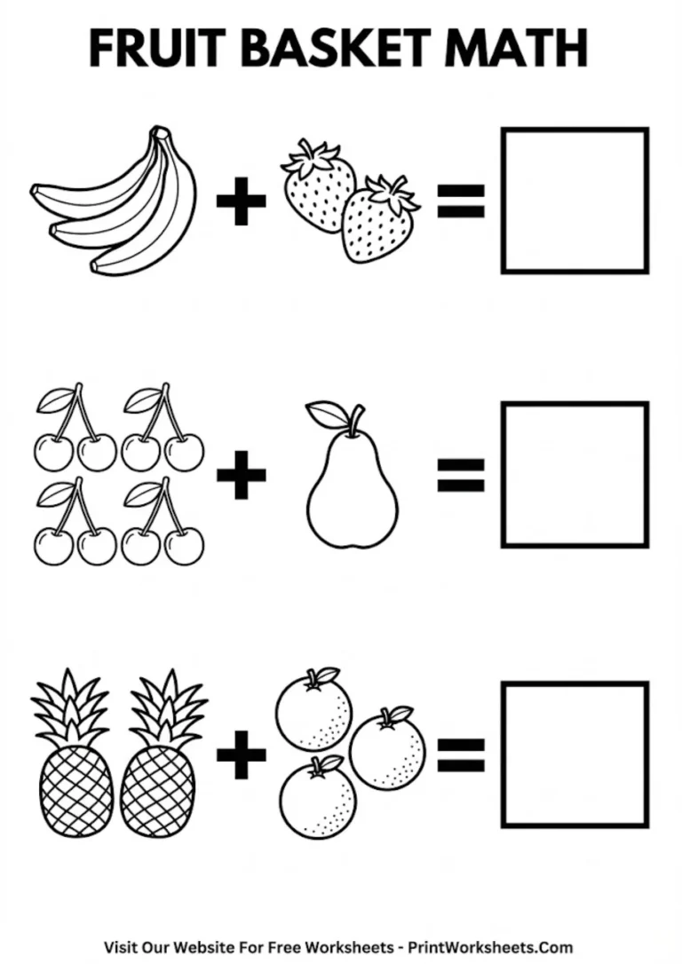 Count and add worksheets showing apples and mixed fruits for kindergarten math