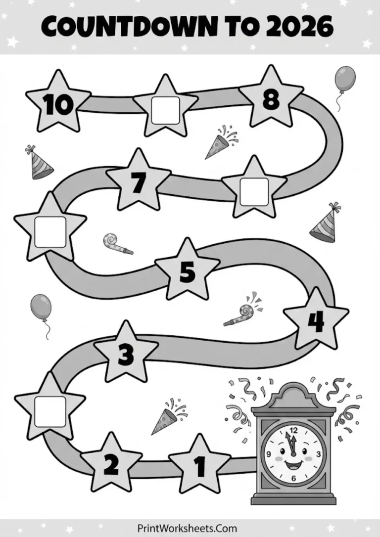 New Year countdown missing numbers math worksheet