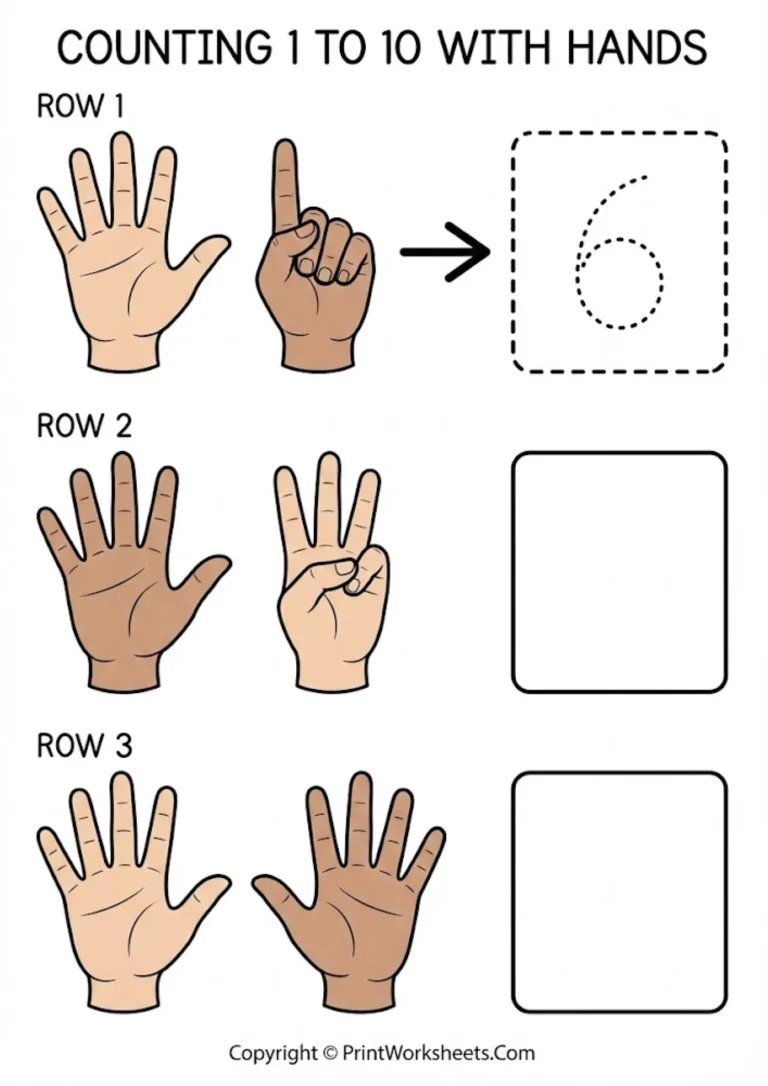 Worksheet showing two hands counting numbers 6, 8, and 10