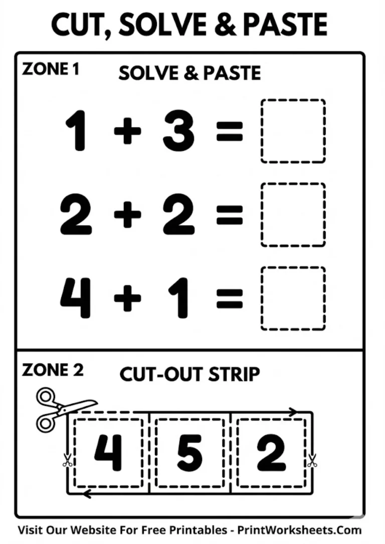 Cut and paste addition activity showing math problems and numbers to cut out