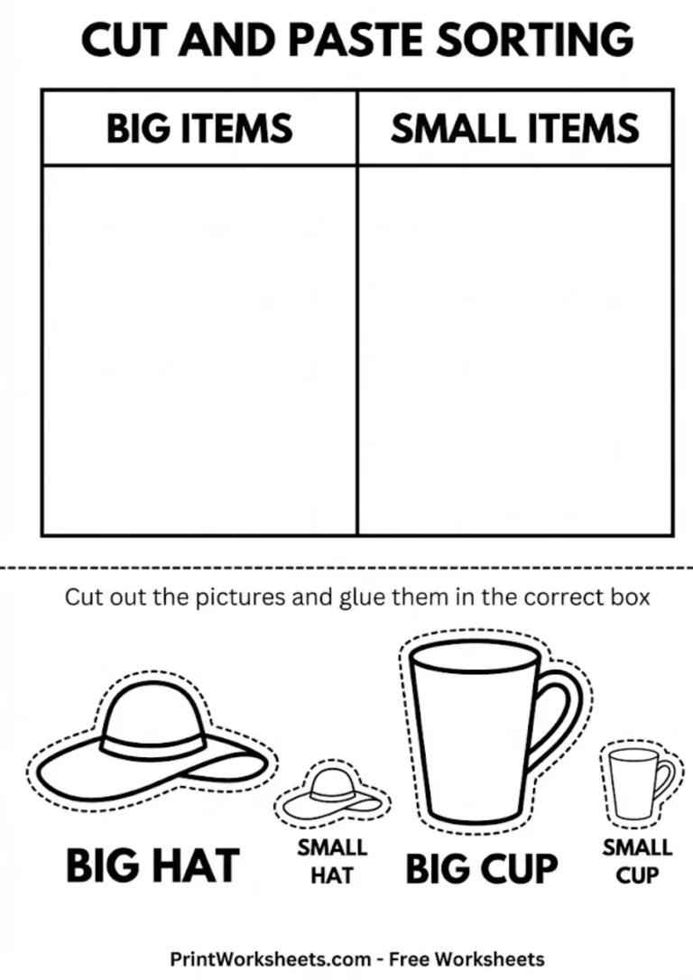 Cut and paste big and small sorting activity for preschool math