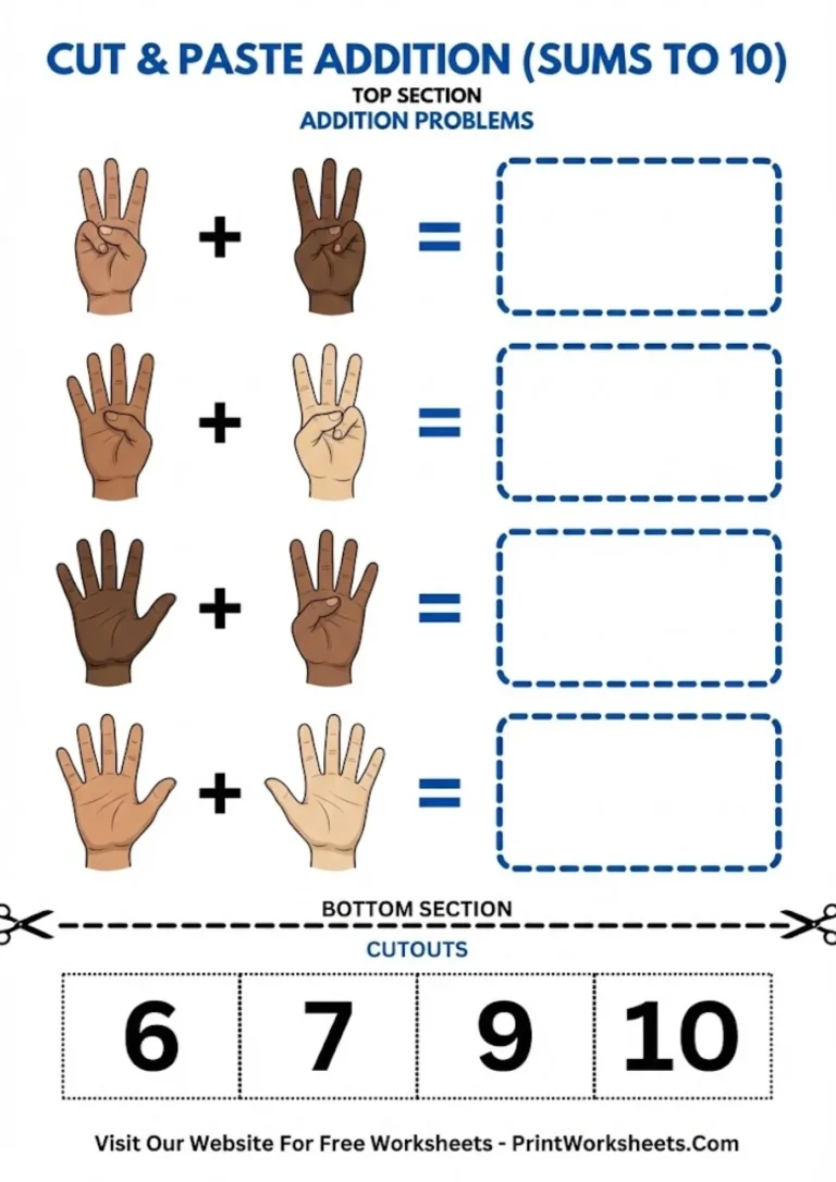 Cut and paste math worksheet for kindergarten showing sums up to 10