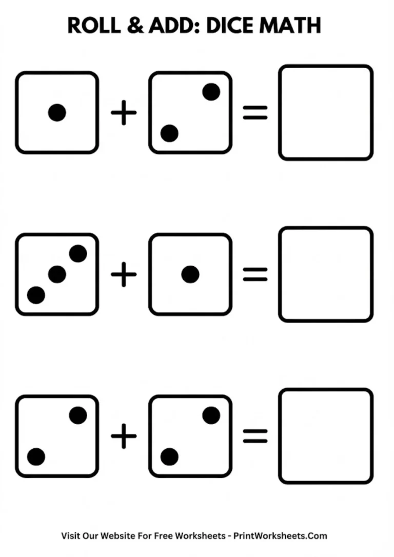 Dice addition worksheet showing pairs of dice and empty answer boxes
