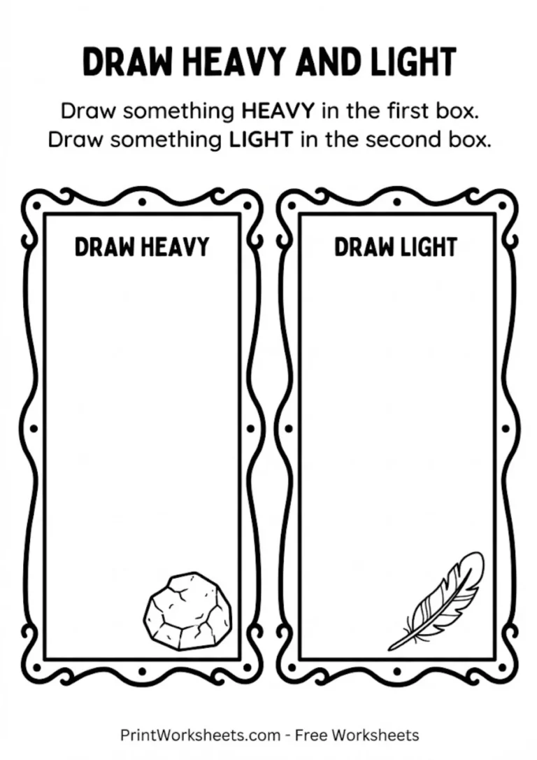 Worksheet to draw heavy and light objects for preschool