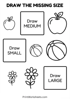 Measurement Worksheets Worksheet - Creative Math: Draw the Missing Size Worksheet (S-M-L) | Free Printable