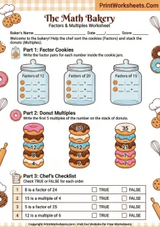 Multiplication Worksheets Worksheet - 4th Grade Factors and Multiples Worksheets (Bakery Theme Math) | Free Printable