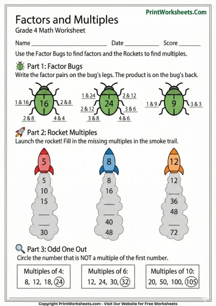 4th Grade Factors and Multiples Worksheets (Free Printable)