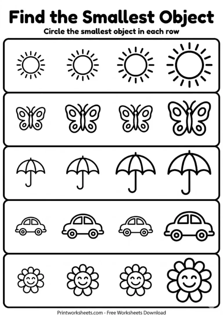Preschool worksheet for finding and circling the smallest object in a group