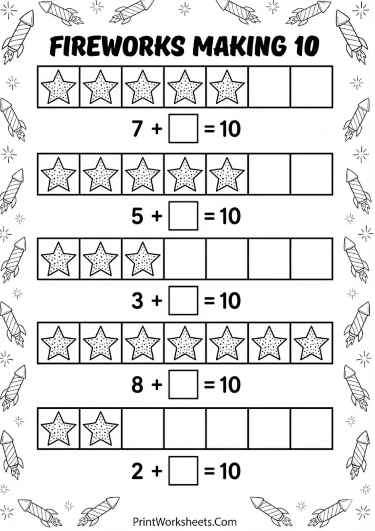 Making 10 with fireworks ten frame worksheet