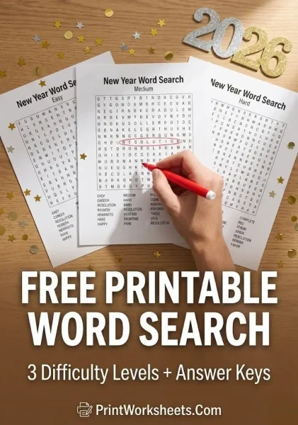 Free Printable New Year Word Search 2026 (Easy, Medium, Hard PDF)