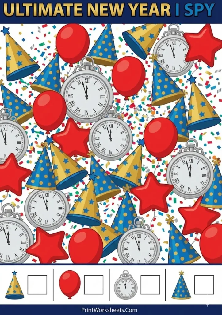 Full color New Year I Spy game for visual attention