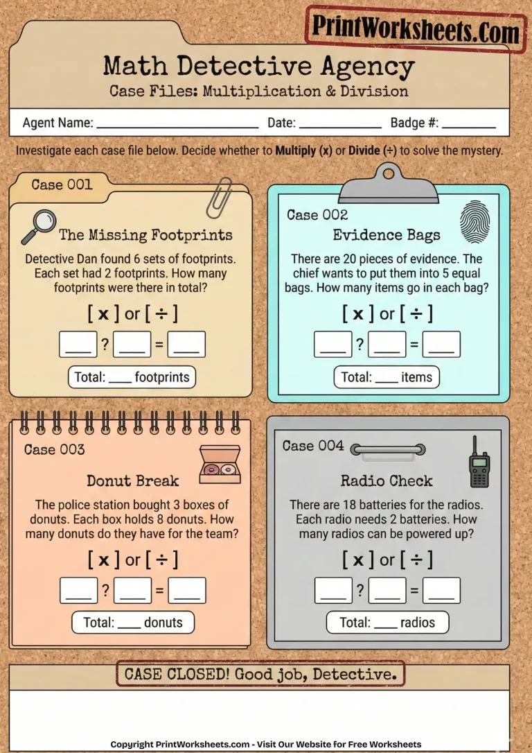 grade_3_multiplication_and_division_word_problems Detective themed grade 3 multiplication and division word problems worksheet PDF